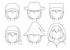 an anime character's head with different hats