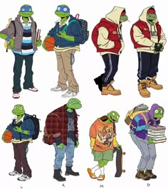 some cartoon characters with backpacks and skateboards in different poses, one is holding a basketball