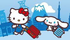 hello kitty and dog with suitcases in the snow near cityscape at night