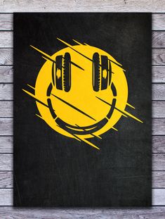 a yellow smiley face with headphones on it's ears is featured in this black and yellow poster