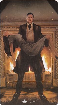 a painting of a man and woman in front of a fire place holding each other