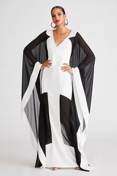 Yara Gown In Satin & Chiffon – Halston White Color Scheme, Abaya Designs, Invisible Zip, Knitwear Tops, Black And White Colour, African Dress