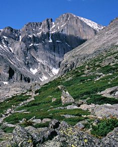 the mountains are covered in snow and grass