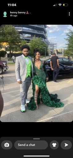 Green Homecoming Dresses Black Women, Light Green Prom Dress Black Couple, Sage Green Prom Dress Black Women, Green Prom Black Couple, Green And Gold Prom Dress Black Women, Green Prom Dresses Black Women, Couple Prom Outfits, Sage Green Prom Dress, Black Prom Suits