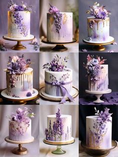 there are many different types of cakes with flowers on the top and bottom tiers