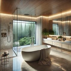 a bathroom with a large bathtub next to a walk in shower and two sinks