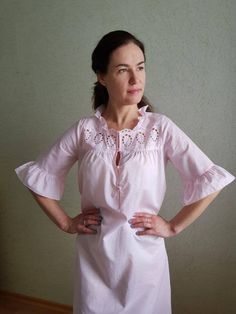 Amazing vintage nightgown. Delicate night dress with embroidery and lace. Pale pink colour. Cotton, is gentle, light and pleasant to the body. Excellent condition!! Size S/M. Model is size M 170cm growth. **This item will come to you freshly laundered and ready to wear. **If you want to purchase more items, please message me, I will make a special price and delivery. Feminine Spring Nightgown, Feminine Nightgown With Lace Trim For Home, Feminine Lace Trim Nightgown For Home, Pink Summer Nightgown For Home, Feminine Pink Nightgown, Pink Feminine Nightgown, Pink V-neck Nightgown For Home, Pink Summer Chemise For Daywear, Feminine Pink Chemise For Spring