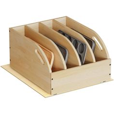 a wooden holder with knives and spoons in it