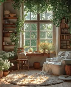 a living room filled with furniture and lots of greenery on the windows sill