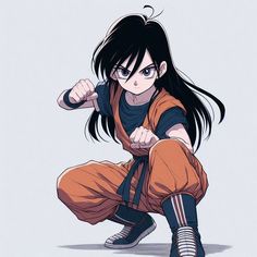 an anime character with long black hair and orange pants, squatting on the ground