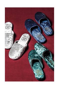 Sleepers Shoes, Velvet Room, Pj Party, Velvet Slippers, Green Fits, Blue Fits, House Shoes, Party Shoes, Color Coding