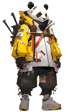 a panda bear dressed in yellow and black with skis on his back, holding two ski poles