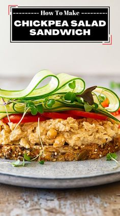 chickpea salad sandwich on a plate with the title overlay reads how to make chickpea salad sandwich