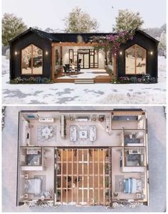 two pictures showing the inside and outside of a house with an open floor plan in it