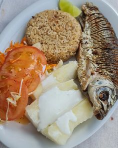 a white plate topped with fish, rice and veggies next to a slice of tomato