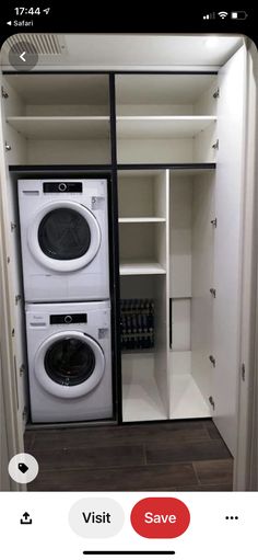 an empty washer and dryer in a closet