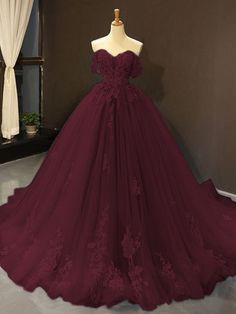 Ball Gown Tulle Off-the-Shoulder Sleeveless Applique Sweep/Brush Train Dresses Prom Dresses Floral, Vestidos Color Vino, Ball Gown Prom Dresses, Gown Prom Dresses, Red Quinceanera Dresses, Quince Dress, Floral Wedding Dress, Mother Wedding Dress, Gown Prom