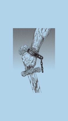 a drawing of a hand with chains attached to it's wrist holding a pair of skis