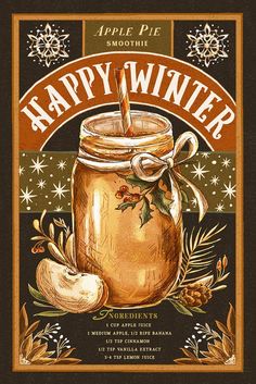 a happy winter card with a mason jar full of apples and cinnamons on it