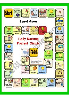 a board game showing daily routine and present simple english words in the form of numbers