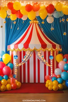 Colorful circus-themed party tent decorated with red and white stripes, surrounded by vibrant balloons and fairy lights, set against a blue backdrop. Carnaval Party Theme, Carnival Birthday Decorations, Carnival Party Ideas Decorations, Circus Decorations Party, Circus Decorations Diy Carnival Themes, Carnival Dance Theme, Circus Theme Backdrop, Circus School Theme, Vbs Carnival Theme