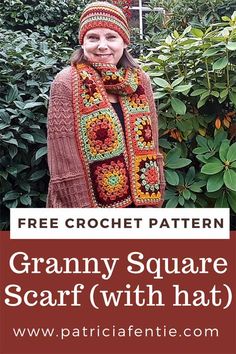 a woman wearing a crochet granny square scarf with text overlay reading free crochet pattern granny square scarf with hat