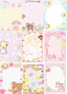 the stationery paper is lined up with cute cartoon animals and flowers on pink background