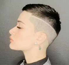 Female Buzzcut Fade, Faded Buzzcut For Women, Female Fade Haircut, Brunette Shades, Buzzed Hair Women, Spikey Hair, Men Fade Haircut Short, Haircut Design, Hair Styles Ideas