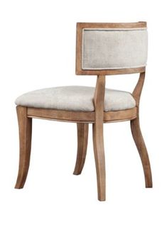 a wooden chair with a white upholstered seat and back cushion on an isolated white background