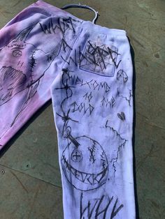 1 of 1 dyed sweatpants with hand painted designs(size L) Purple Cotton Sweatpants For Streetwear, Acid Wash Cotton Streetwear Pants, Acid Wash Cotton Pants For Streetwear, Streetwear Cotton Bottoms With Graffiti Print, Acid Wash Relaxed Fit Sweatpants For Streetwear, Acid Wash Cotton Sweatpants For Streetwear, Hand Dyed Acid Wash Cotton Pants, Acid Wash Hand Dyed Cotton Pants, Artistic Cotton Bottoms With Graphic Print