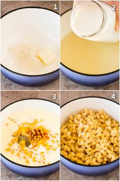 the steps to make macaroni and cheese in a bowl with milk being poured on top