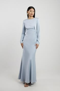 Satin Long Sleeve Maxi Dress Periwinkle Dress Long Sleeve, Gowns Dresses Long Sleeve, Long Sleeve Blue Dress Formal, Long Sleeves Bridesmaid Dresses, Light Blue Prom Dress Long Sleeve, Formal Winter Dresses For Wedding, Light Blue Maxi Dress With Sleeves, Dusty Blue Bridesmaid Dresses Long Sleeve, Long Sleeve Blue Bridesmaid Dress