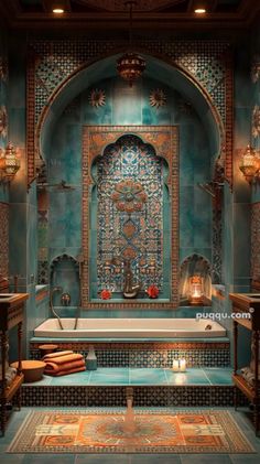 an ornate bathroom with blue tiles and gold trimmings, including a bathtub