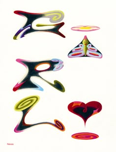 an image of abstract art with different shapes and colors on white paper, as well as the word love