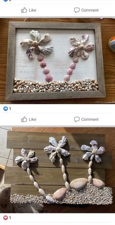 two pictures with shells and seashells in them, one is made to look like flowers