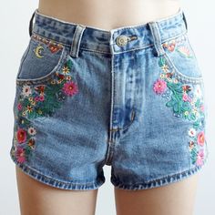 Wanderlust Embroidered High Waist Shorts (Med Blue) · Megoosta Fashion · Free shipping worldwide on all orders Bohemian Jeans, Denim And Pearls, Denim Embroidery, Costura Diy, Embroidery On Clothes, High Waist Shorts