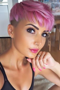 Pink Undercut Pixie, Pink Hair Styles For Short Hair, Hot Pink Pixie Cut, Short Pink Hair Pixie, Pink Hair Makeup Ideas, Pink Short Hair Pixie Cuts, Makeup For Pink Hair, Very Short Hair Color Ideas, Pixie Haircolor Ideas