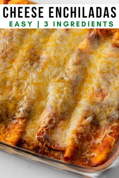 cheese enchiladas in a casserole dish with text overlay