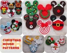 crochet christmas mouse patterns for mickey mouse ears and other holiday decorations are shown