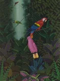 two parrots are perched on top of each other in the jungle with tropical plants