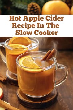 two glasses of hot apple cider recipe in the slow cooker with cinnamon sticks