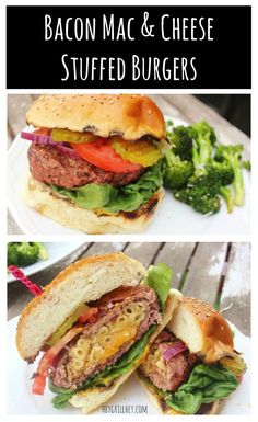 bacon mac and cheese stuffed burgers on a plate with broccoli in the background