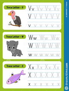 trace letter v worksheet with animals and letters to write the letter x in english