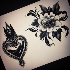 an artistic tattoo design with flowers and hearts on white paper, in the shape of a heart