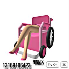 a woman sitting in a pink chair with wheels on the floor and legs crossed out