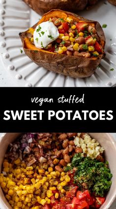 sweet potato salad with vegan stuffed sweet potatoes in the background and text overlay that reads, vegan stuffed sweet potato