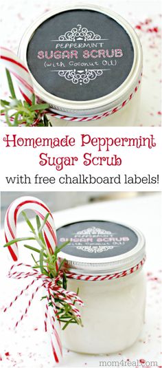 homemade peppermin sugar scrub with free chalkboard labels and candy canes in a jar