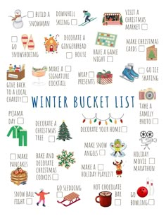 a winter bucket list with pictures and words