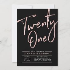 a black and pink birthday party card with the words twenty one on it in gold foil