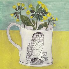 a painting of an owl in a mug with yellow flowers